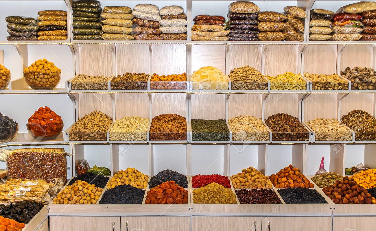 Shelves of dried fruits in the store
